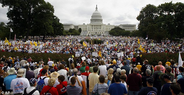 Tens of thousands of people converged on Capitol Hill on Saturday to protest against government spending